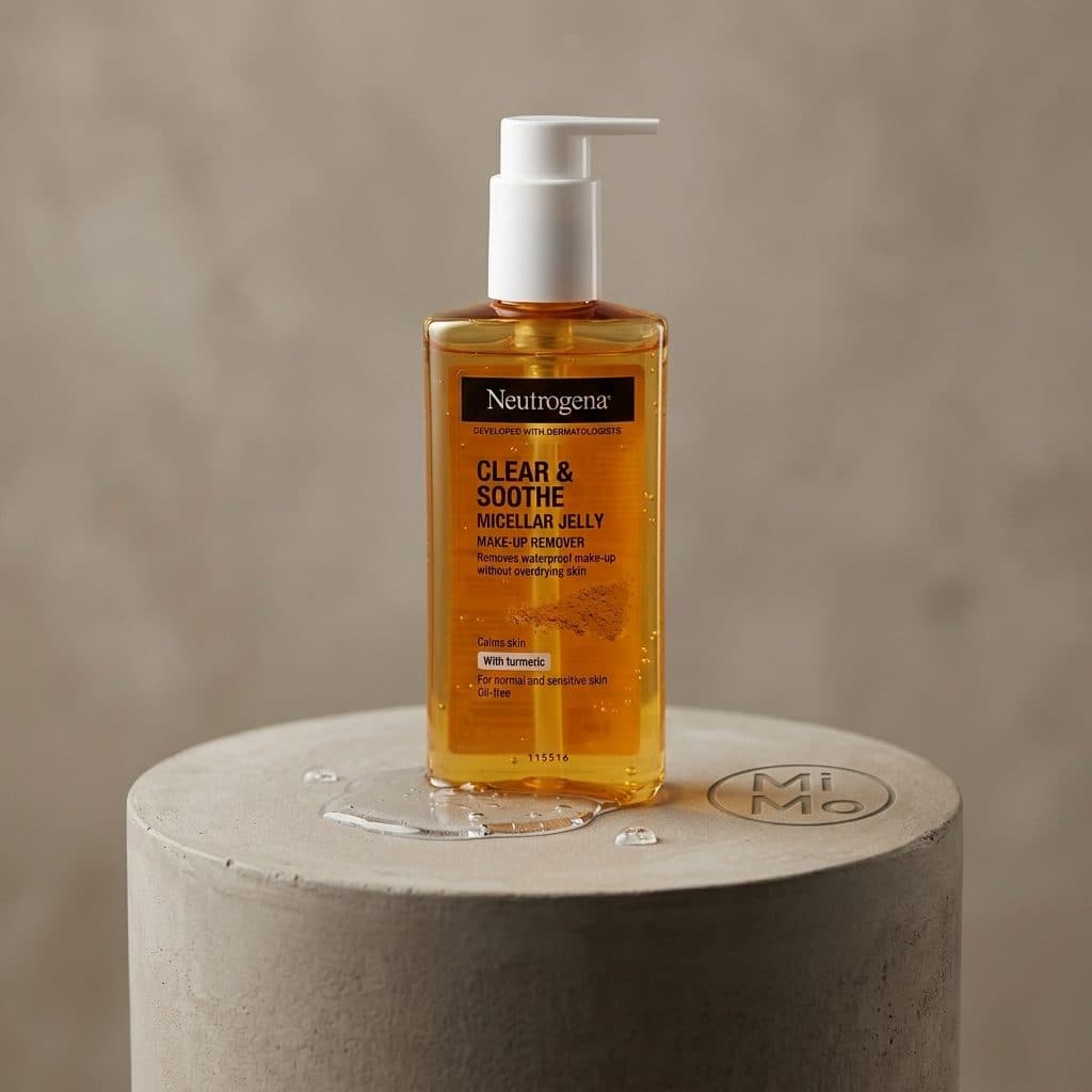 بطری پاک کننده آرایش ژلی میسلار نوتروژینا Clear & Soothe با پمپ سفید، روی پایه بتنی با مقداری مایع شفاف.